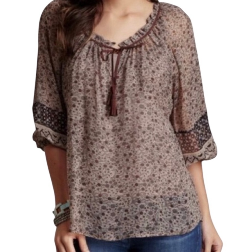 Joie Silk Floral Pattern Blouse Brown and Cream, Boho, Sheer Sz L